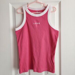Old Navy Girls Pink Ribbed Tank Top Love Graphic White Trim Size L (10-12) NWOT
